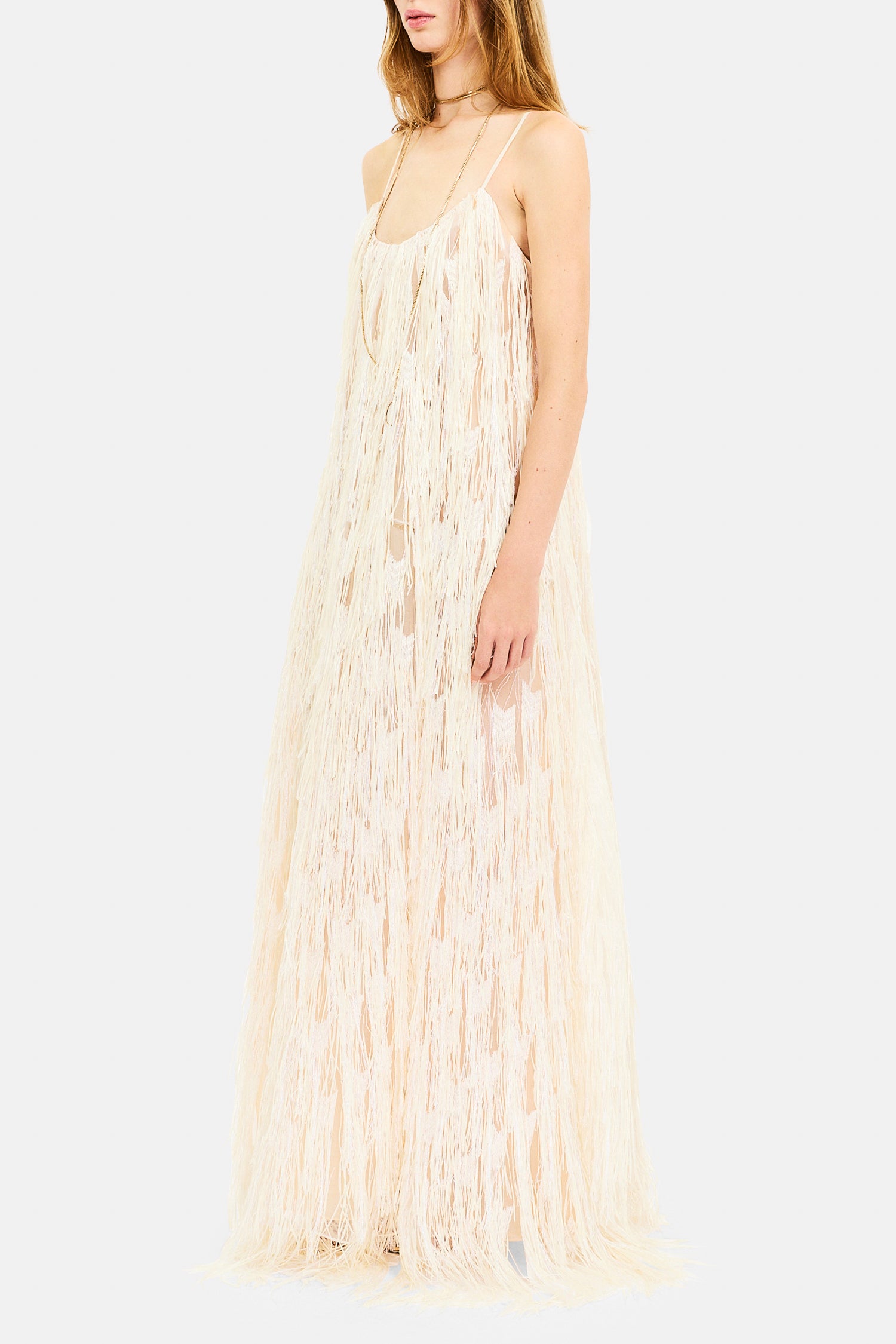 Ulla Johnson Vestido largo Maria con tirantes de espagueti y flecos - Ecru