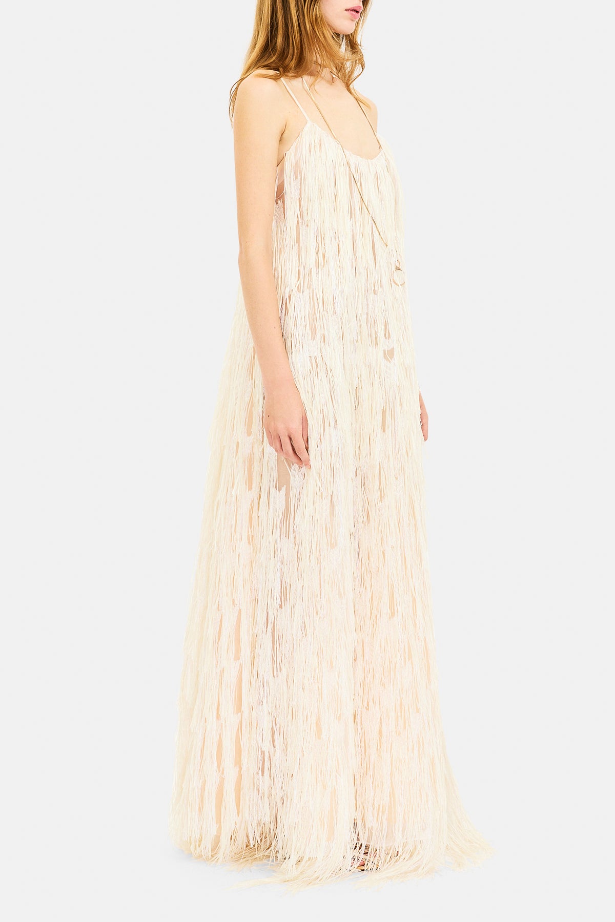 Vestido largo Maria con tirantes de espagueti y flecos - Ecru
