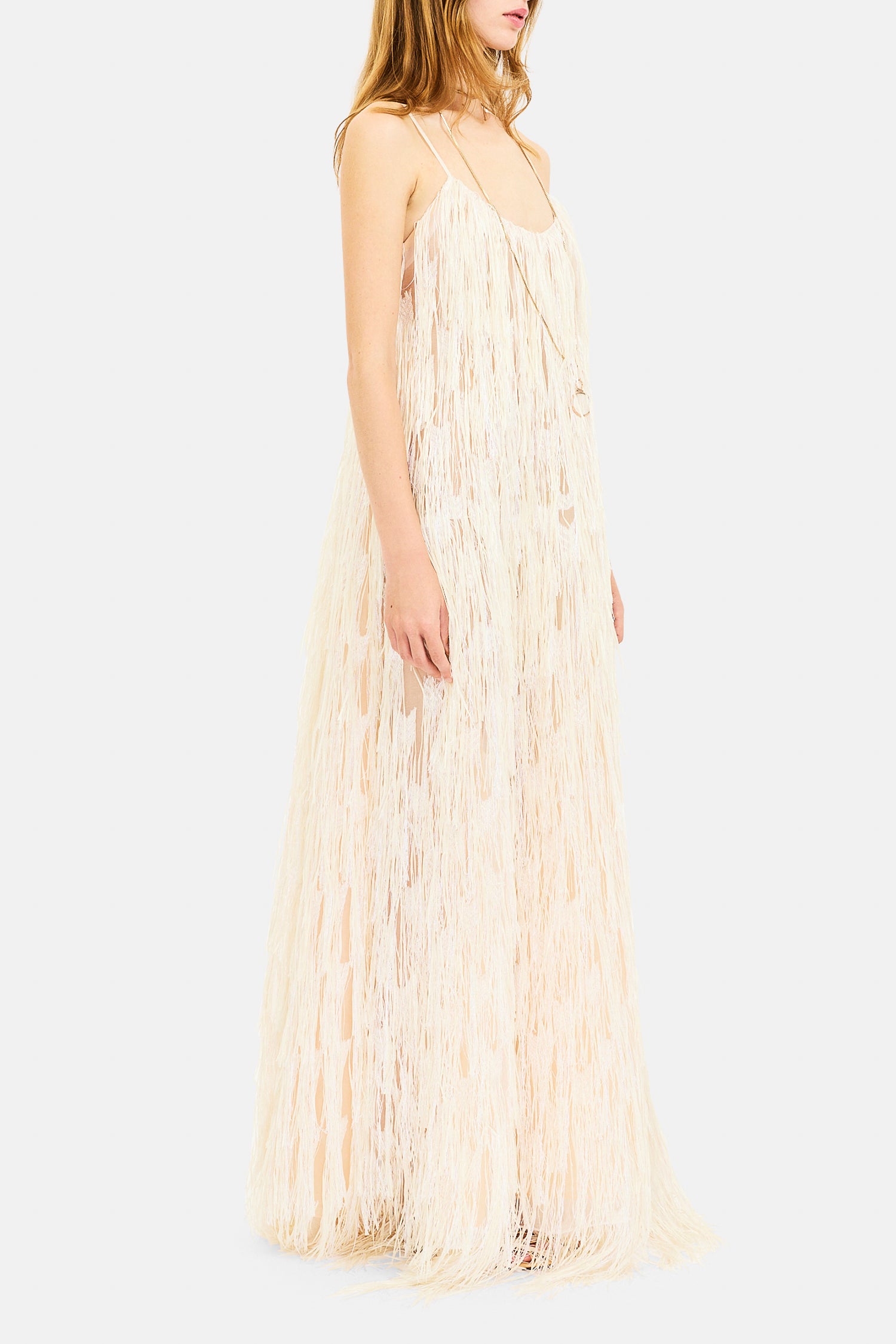 Ulla Johnson Vestido largo Maria con tirantes de espagueti y flecos - Ecru
