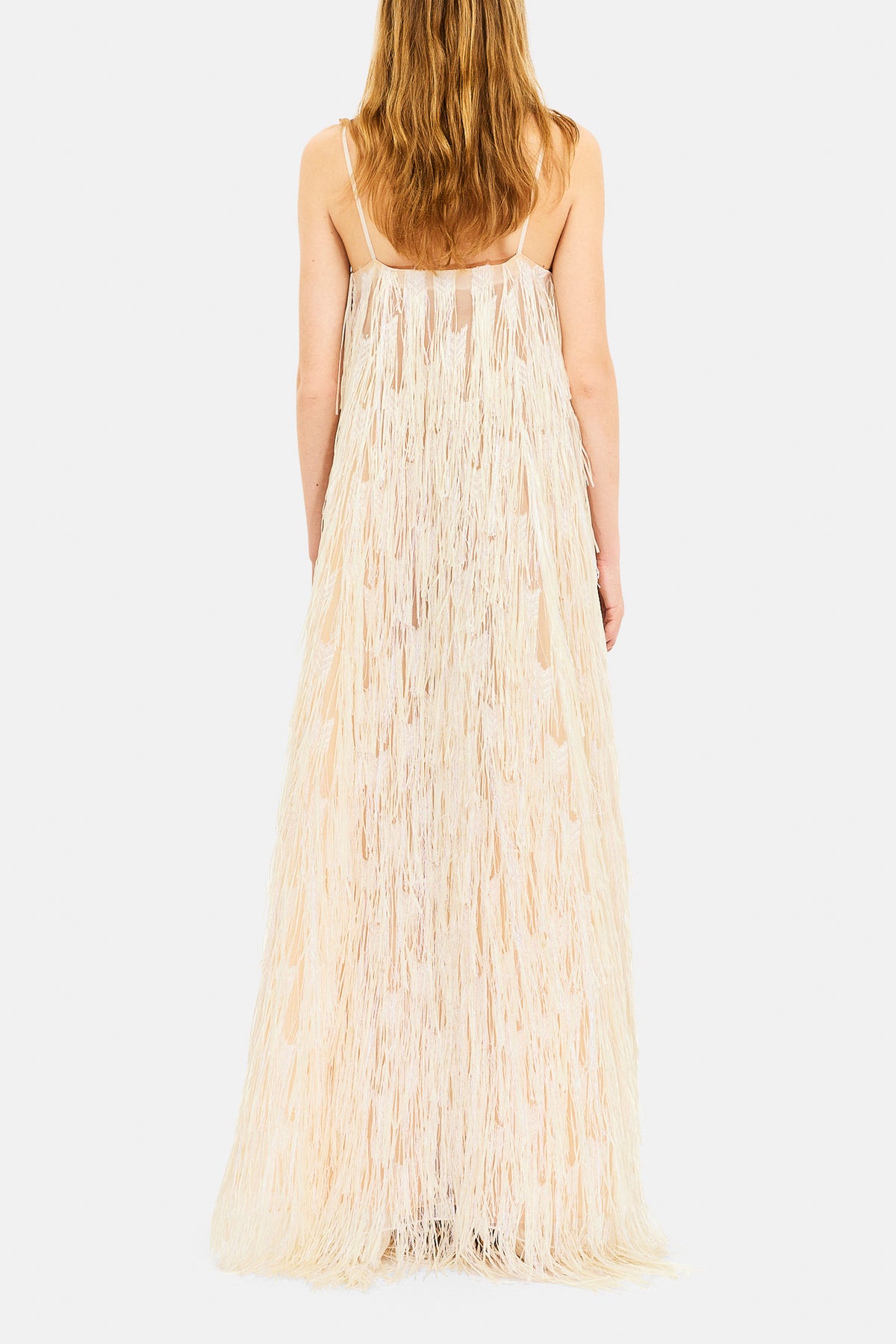 Vestido largo Maria con tirantes de espagueti y flecos - Ecru