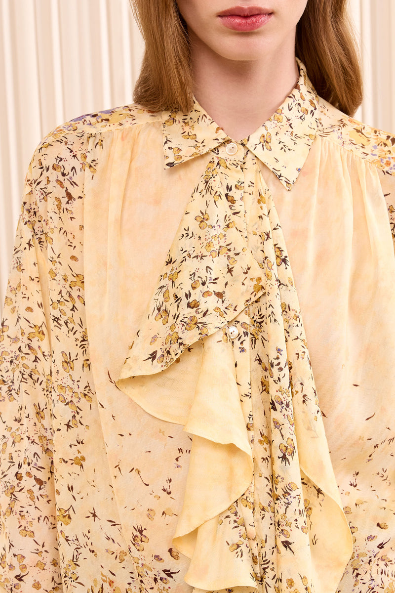 Gesture Long Sleeve Silk Blouse - Forsythia Floral Jacquard Button