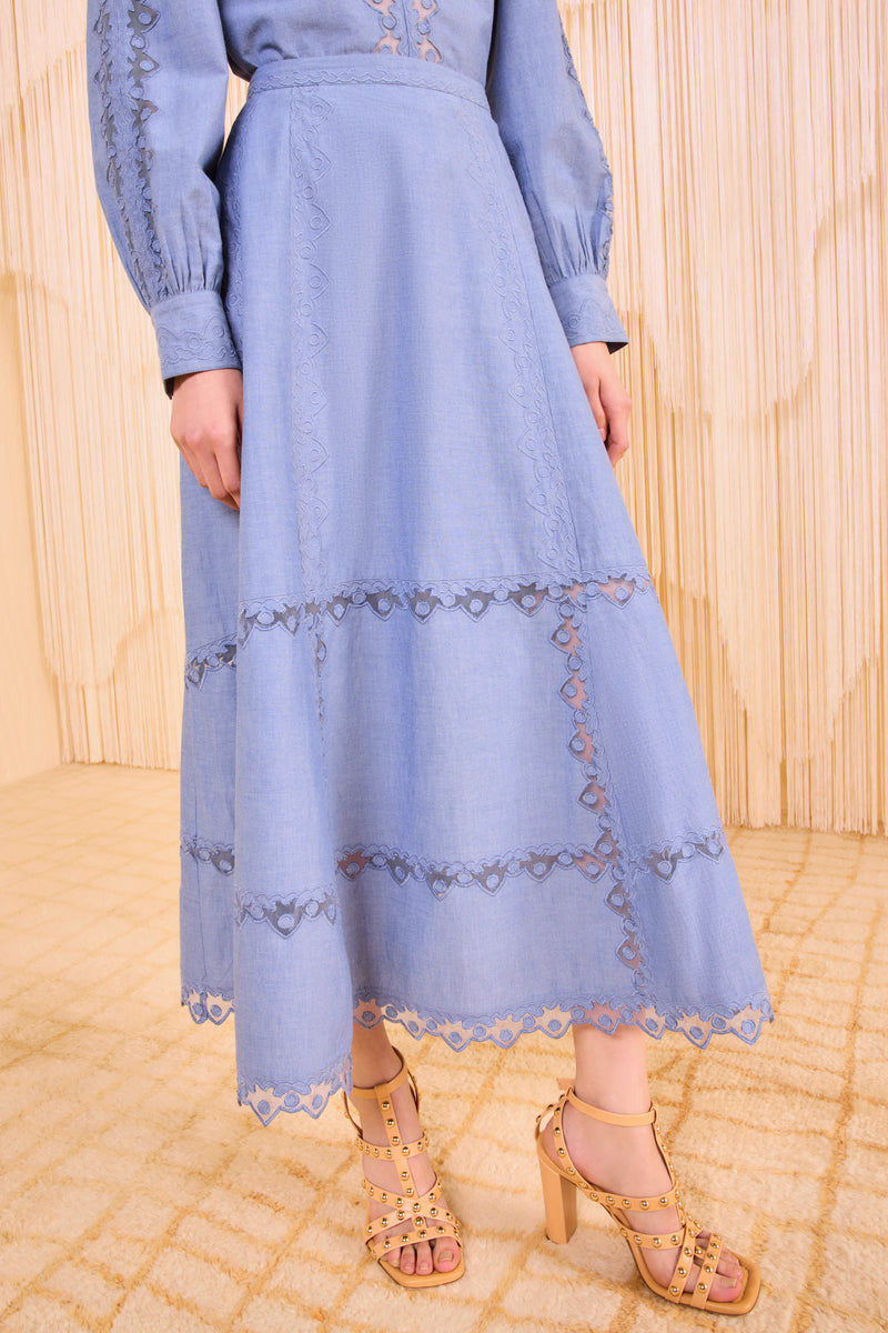 Lucia Flared Skirt - Chambray Chambray Blue Cotton Flare Skirt