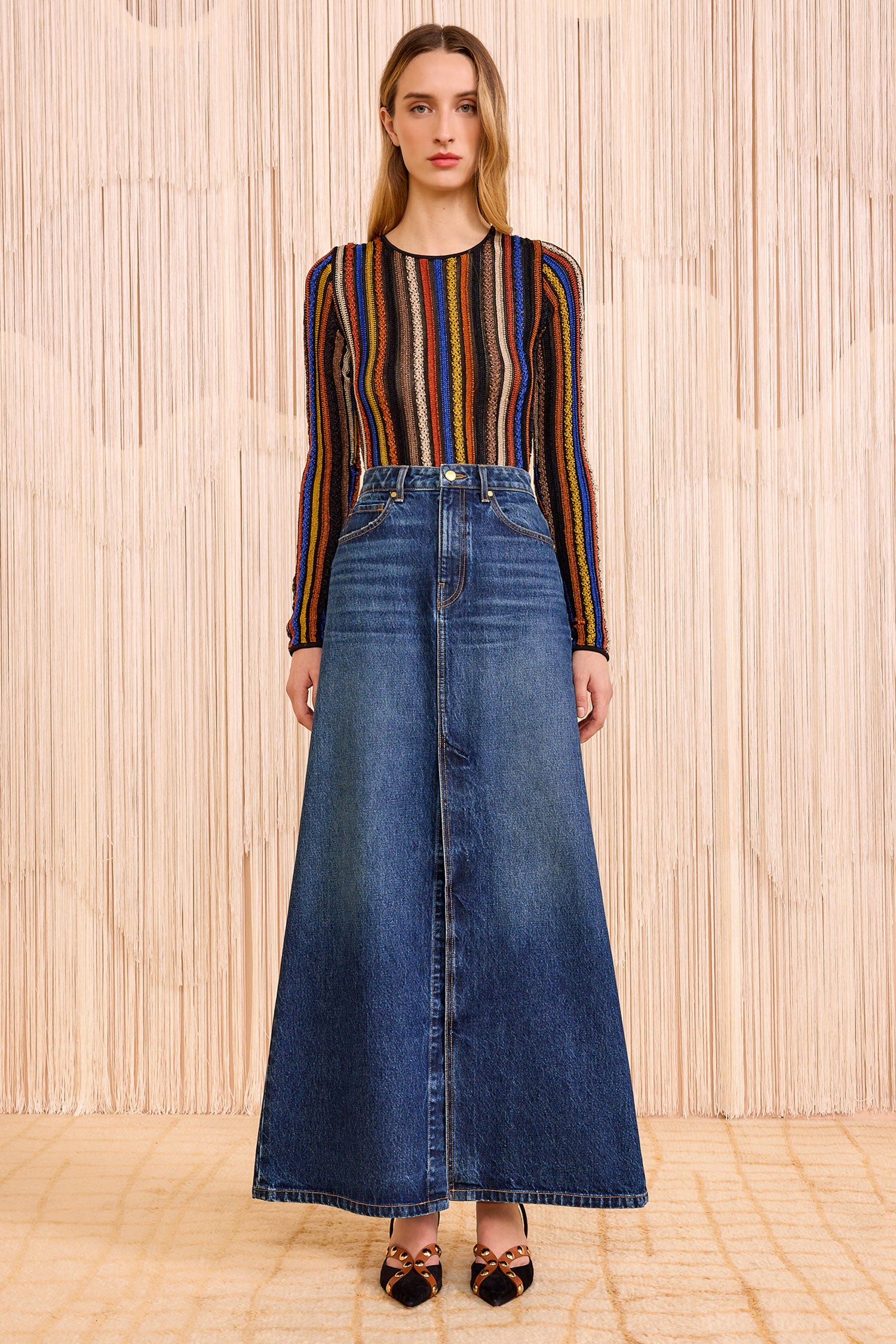 The Anais Denim Mid Rise Maxi Skirt - Nile