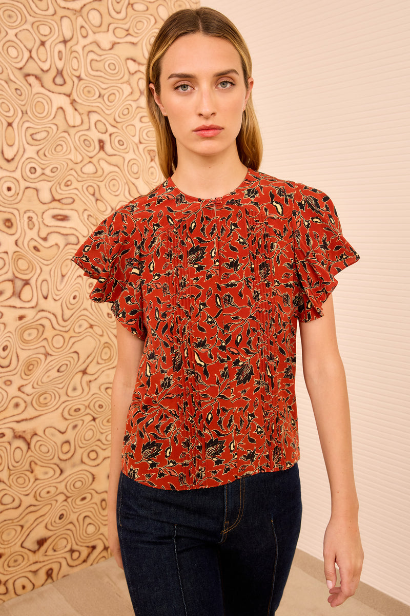 Adoni Short Sleeve Top - Terracotta Floral-Print Silk Top - Ulla