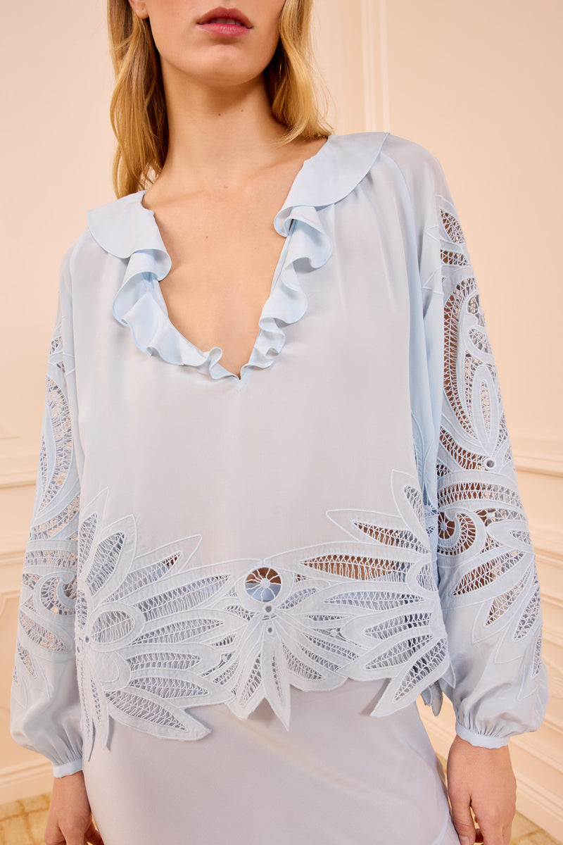 Adonis Silk Applique Blouse - Adriatic Light Blue Long Sleeve