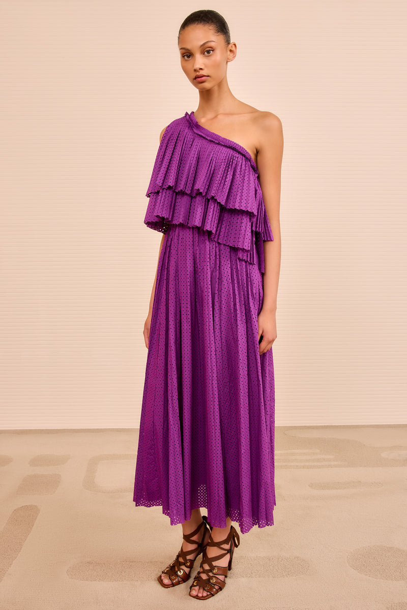 Agneta One Shoulder Dress - Iris Purple Laser Cut Midi Dress