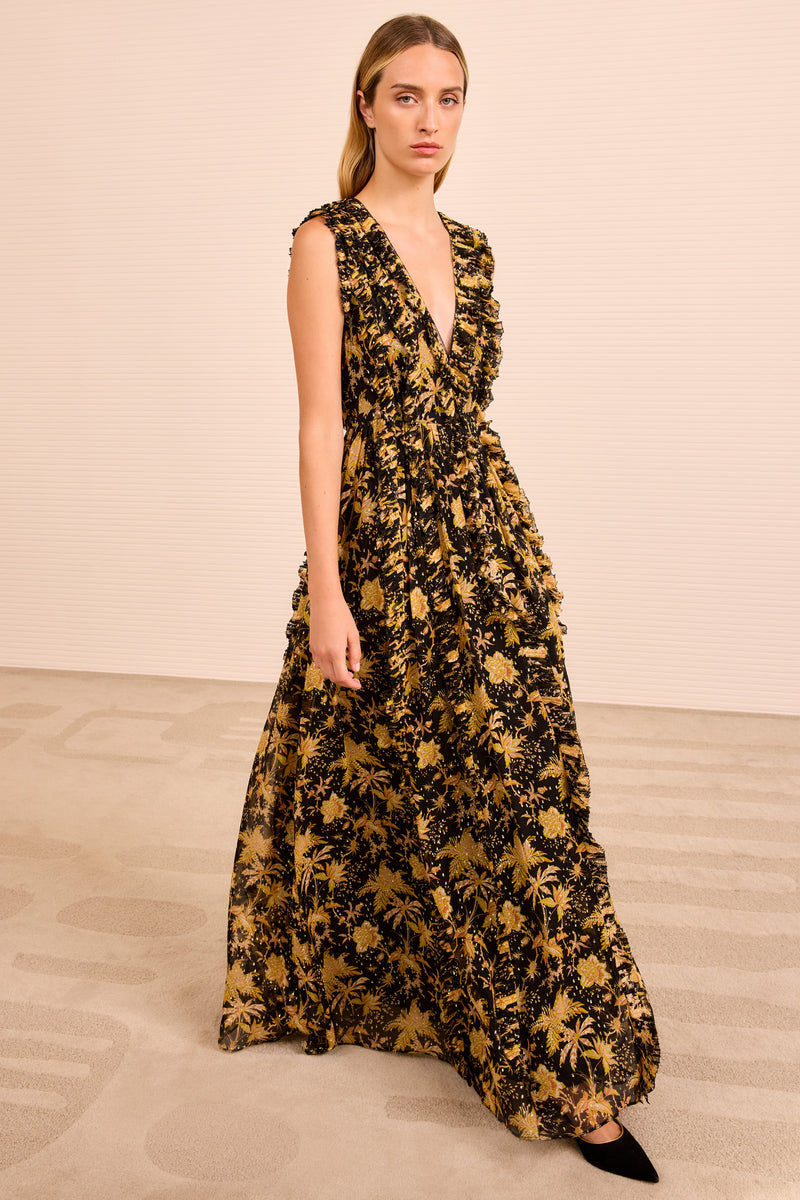 Aida Cascading Ruffle Gown - Forsythia Botanical Print Sleeveless