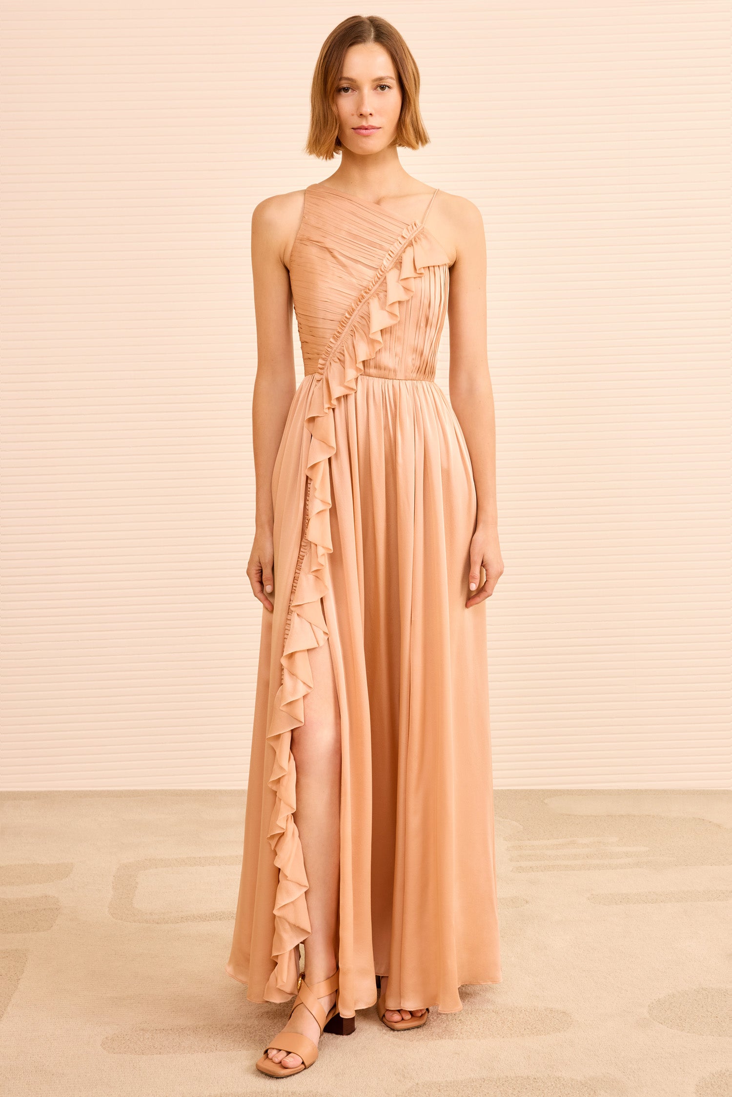 Aisha Pleated Asymmetrical Gown - Sand