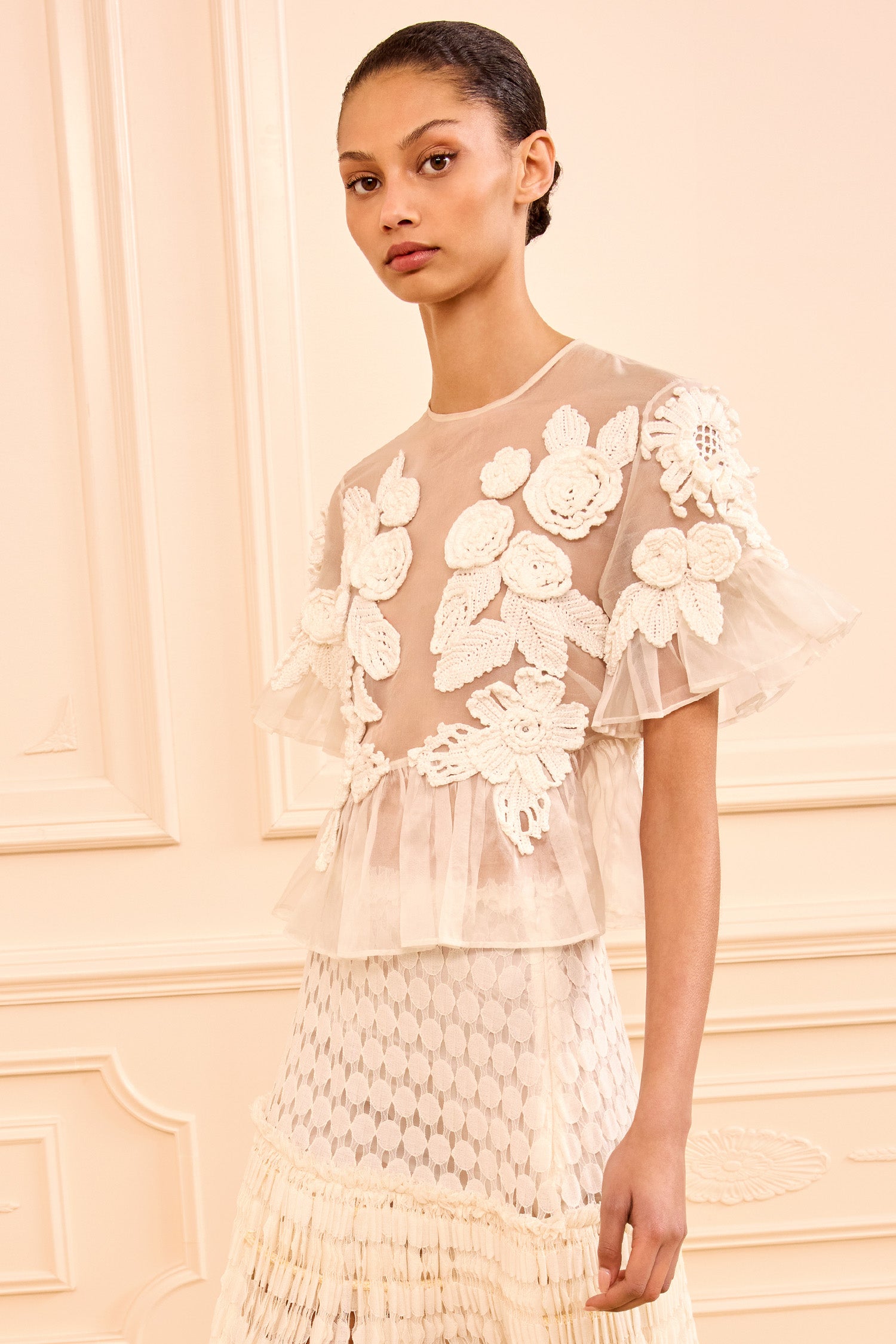 Aliya Organza Blouse with Hand Crochet - Pearled Ivory