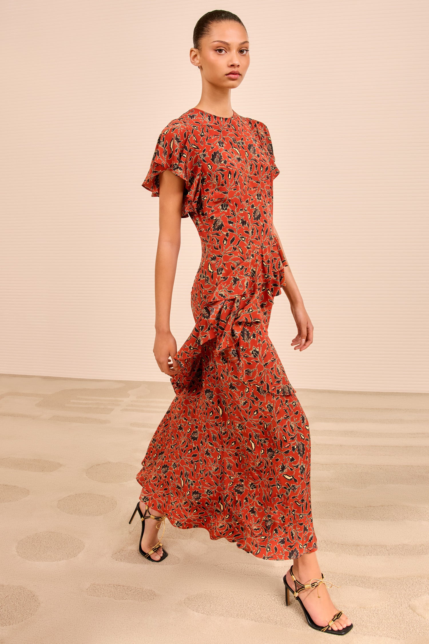 Amaia Cascading Ruffle Midi Dress - Terracotta