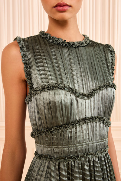 Serpentine Satin Dress - Ruffle Trim and Ripple Pleat Bodice Detail | Ulla Johnson