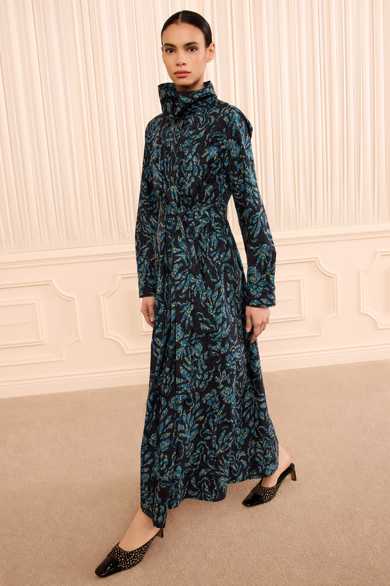 Amira High Neck Cotton Dress - Midnight Floral Print Long Sleeve
