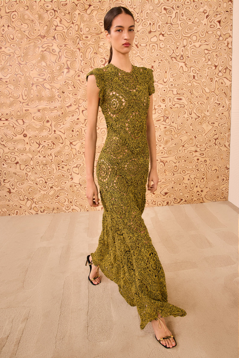 open lace back dress Annalisa Hand Crochet Dress - Olive Green Cotton Maxi Dress with Cap  Sleeves