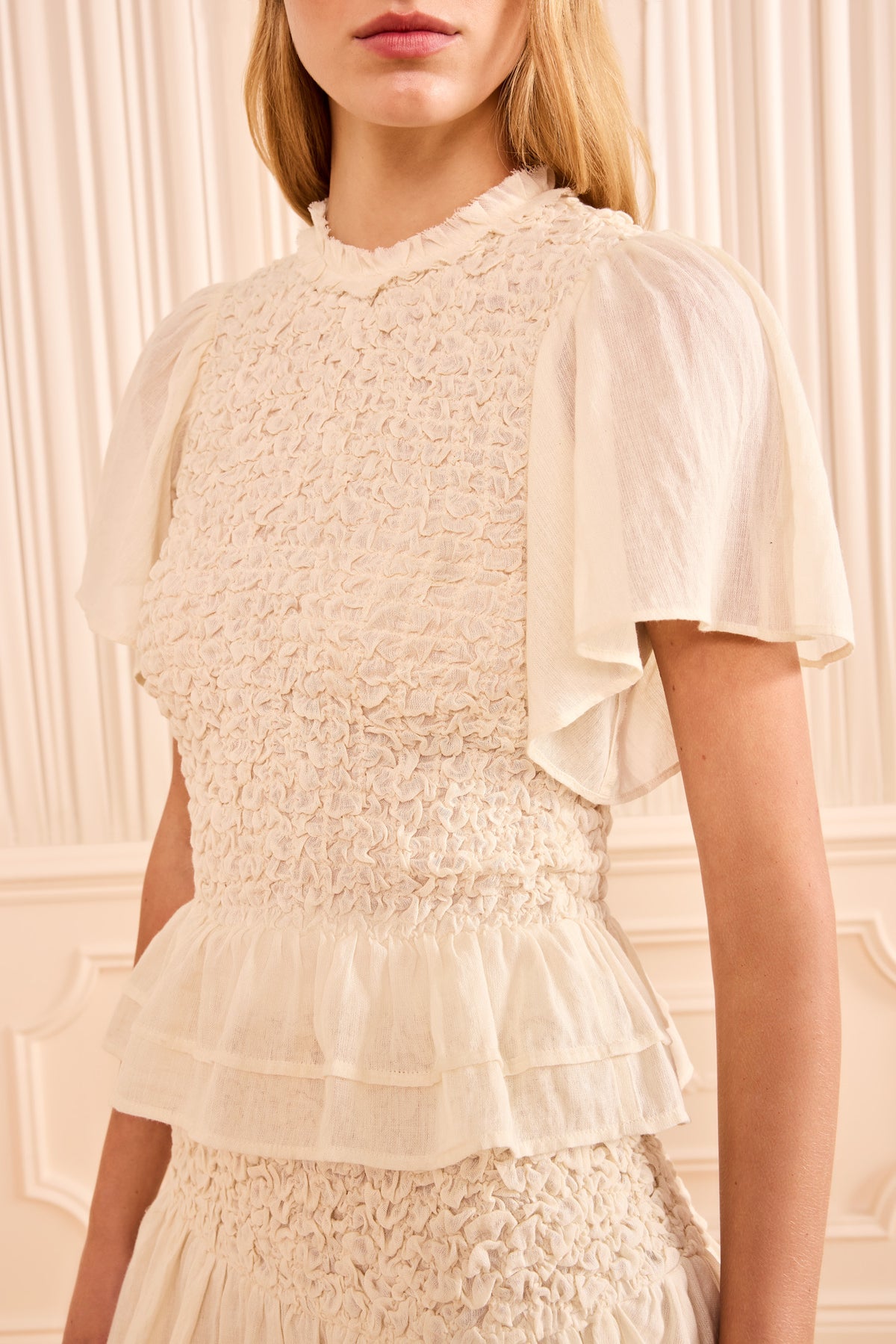 Cowrie Gauze Blend Smocked Peplum Top - Smocking and Flutter Sleeve Detail | Ulla Johnson