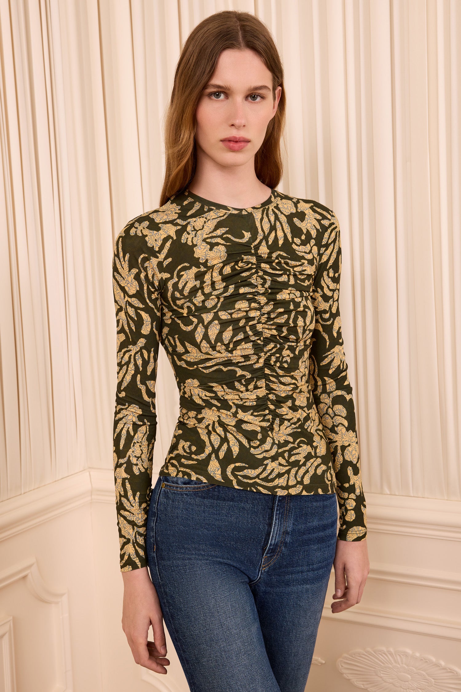 Asha Long Sleeve Jersey Top - Khaki Floral