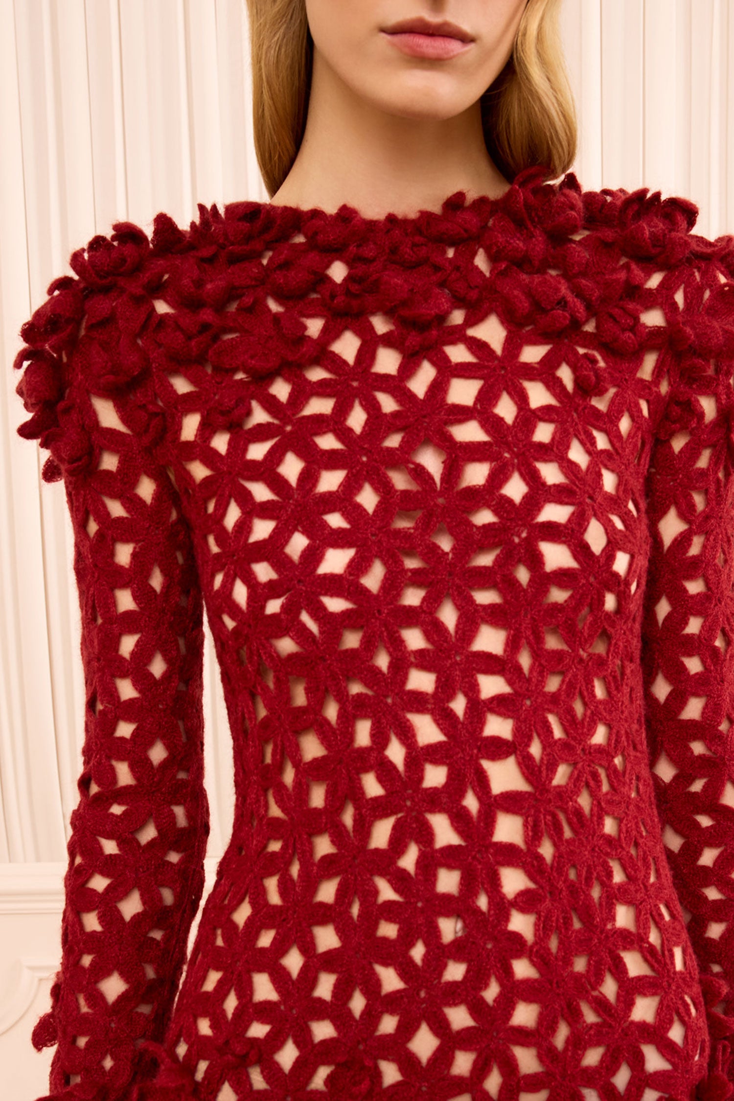 Astrid Crochet Dress with Embroidered Flowers - Cerise