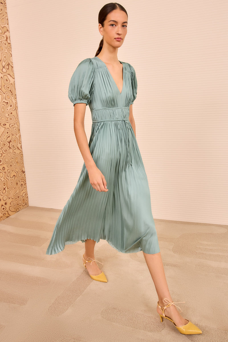 Audra Puff Sleeve Dress - Sea Glass Green Puff-Sleeve Satin Midi Dress