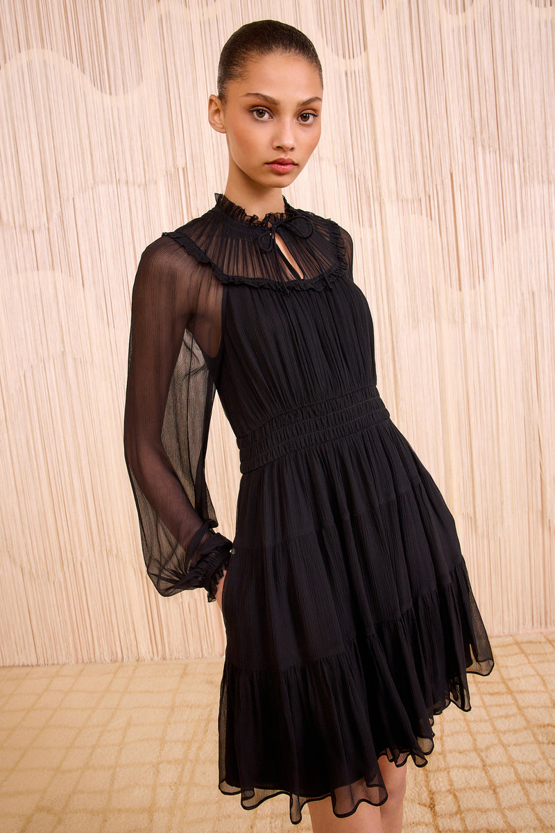 Ava Silk Long Sleeve Mini Dress - Noir - Ulla Johnson