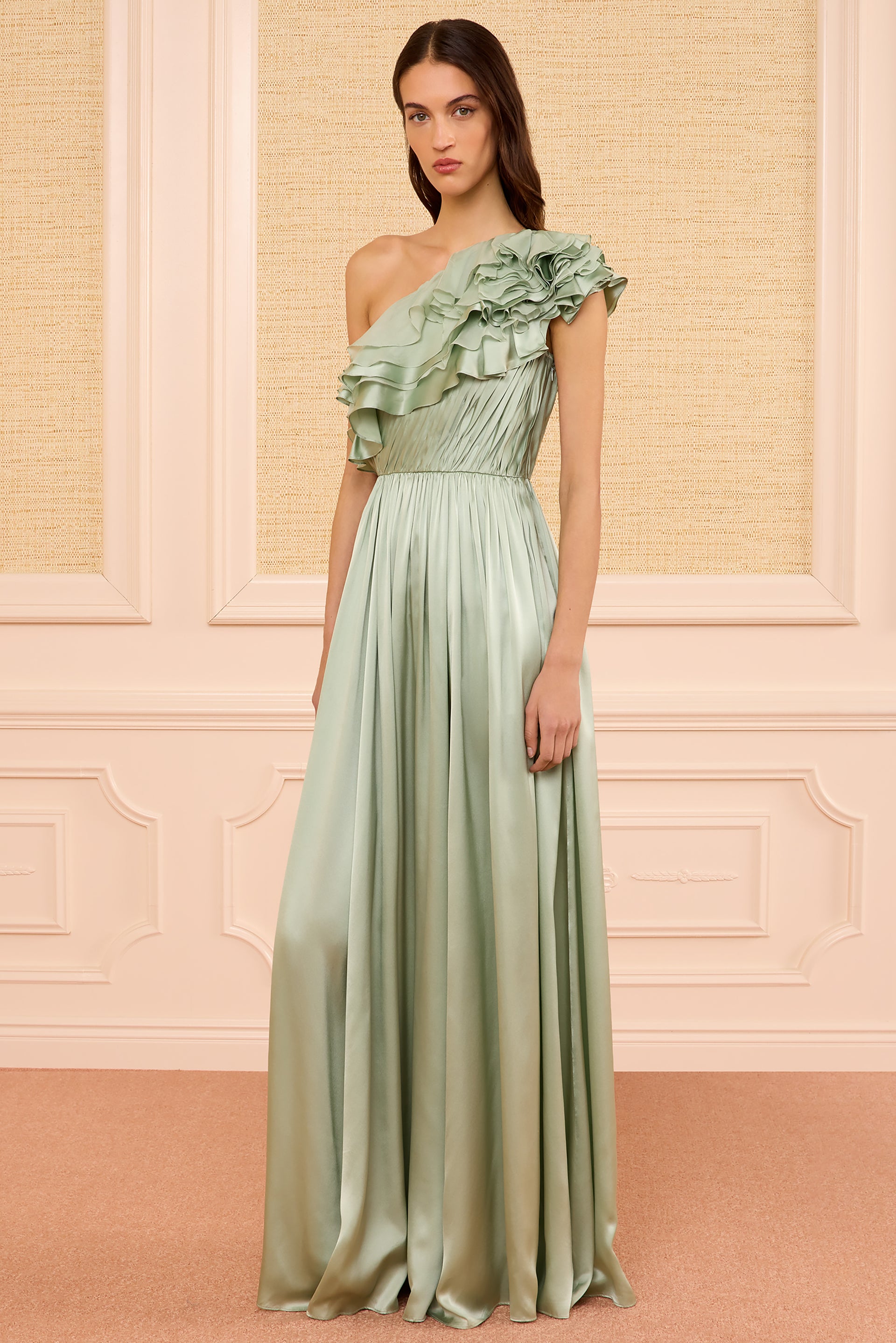Avalina Ruffled Silk One Shouder Gown - Celadon