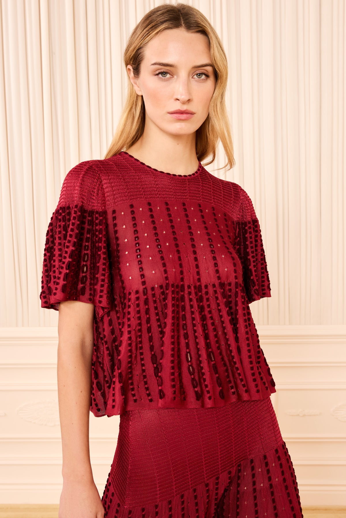 Garnet Eyelet Knit Cape Top - Front View On Model | Ulla Johnson