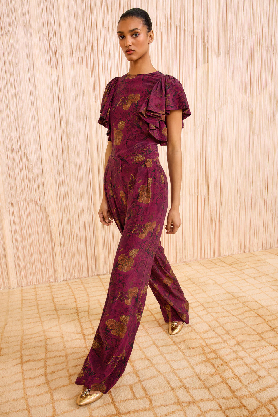 Aviva Silk High Waist Wide Leg Pant - Peony
