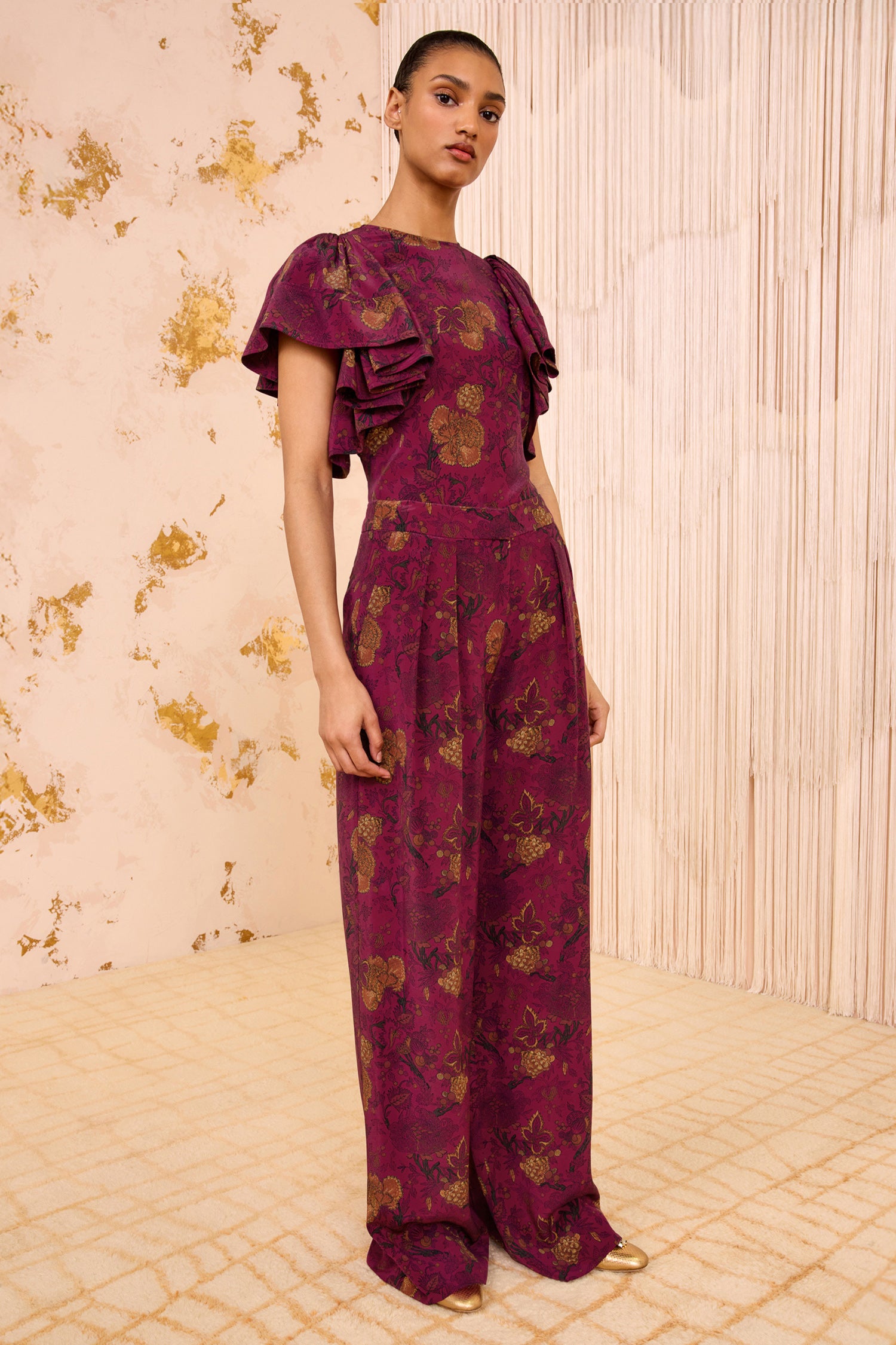 Aviva Silk High Waist Wide Leg Pant - Peony