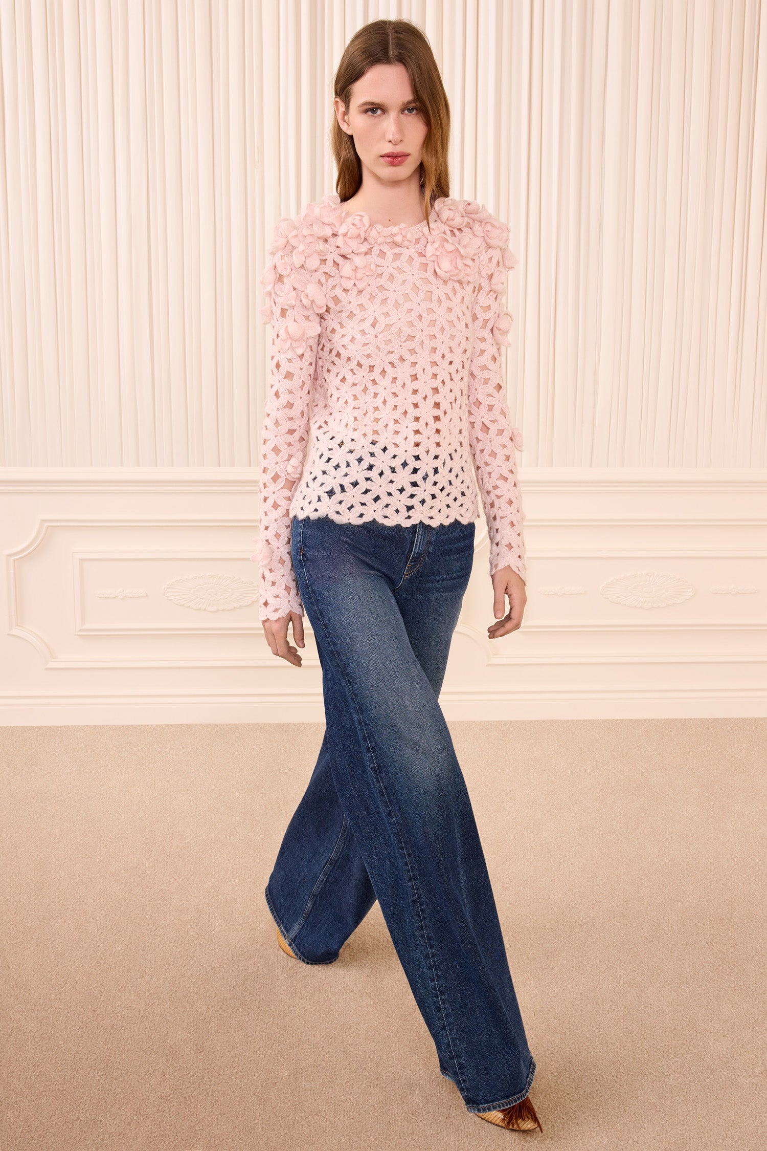 Ulla Johnson Bendetta Crochet Pullover with Embroidered Flowers- Powder