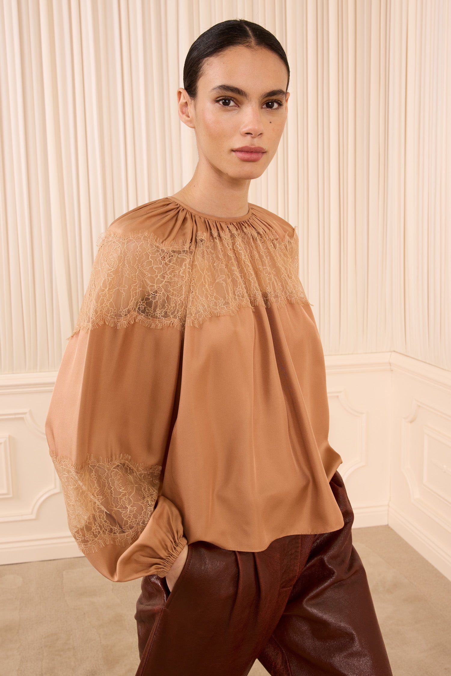 Bess Long Sleeve Silk Blouse - Macaroon