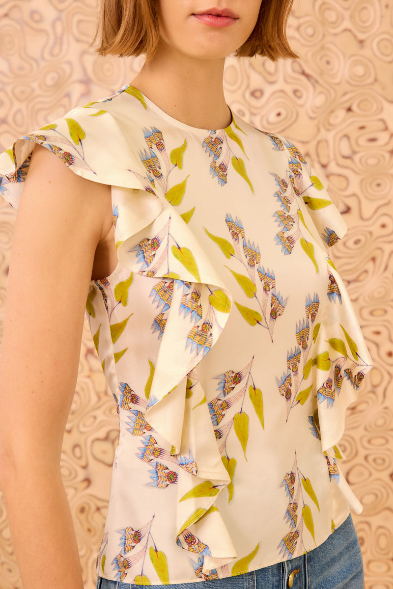 Botanical Top - Infinite Flower Floral Print Silk Top with Flutter