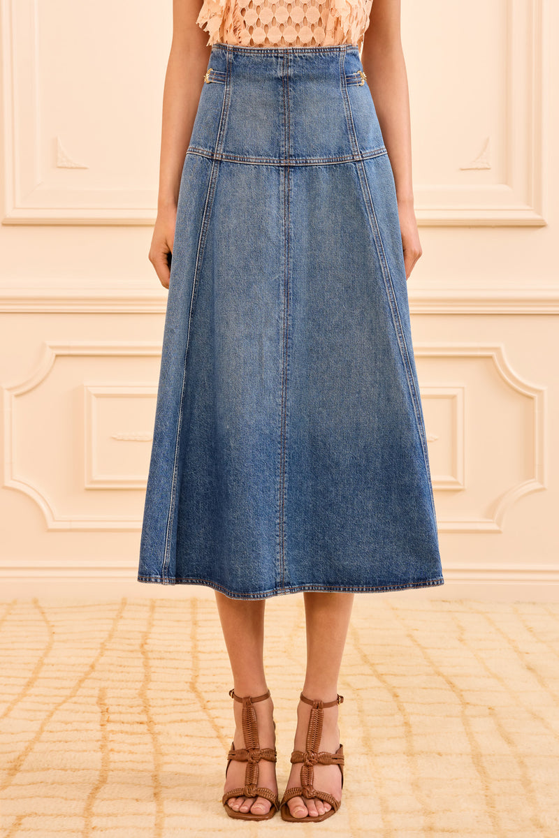 The Brigette Skirt - Danube Blue Denim Midi Skirt - Ulla Johnson