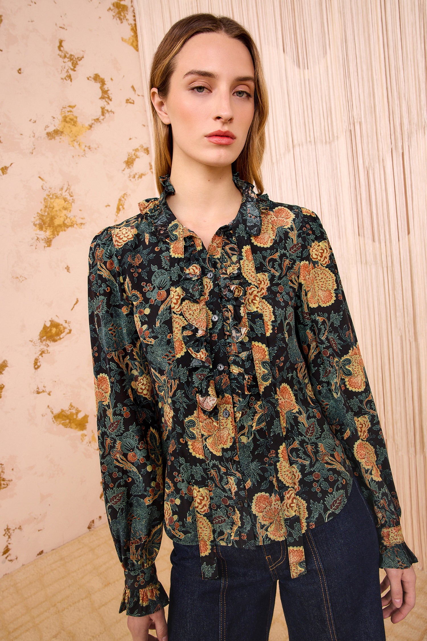 Ulla Johnson Catroux Silk Long Sleeve Button Front Blouse - Nuit