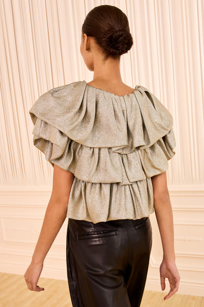 Top à volants lamé lurex Argent - Vue de dos sur mannequin | Ulla Johnson