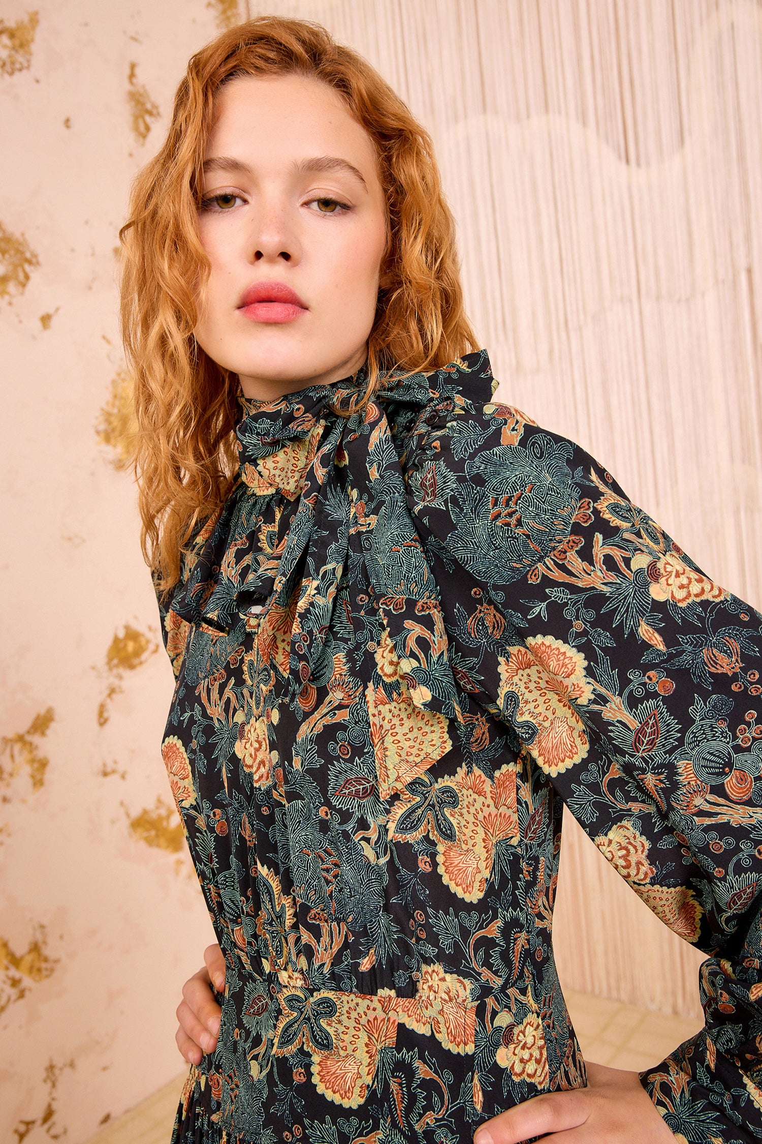 Circe Silk Long Sleeve Neck–Tie Dress - Nuit