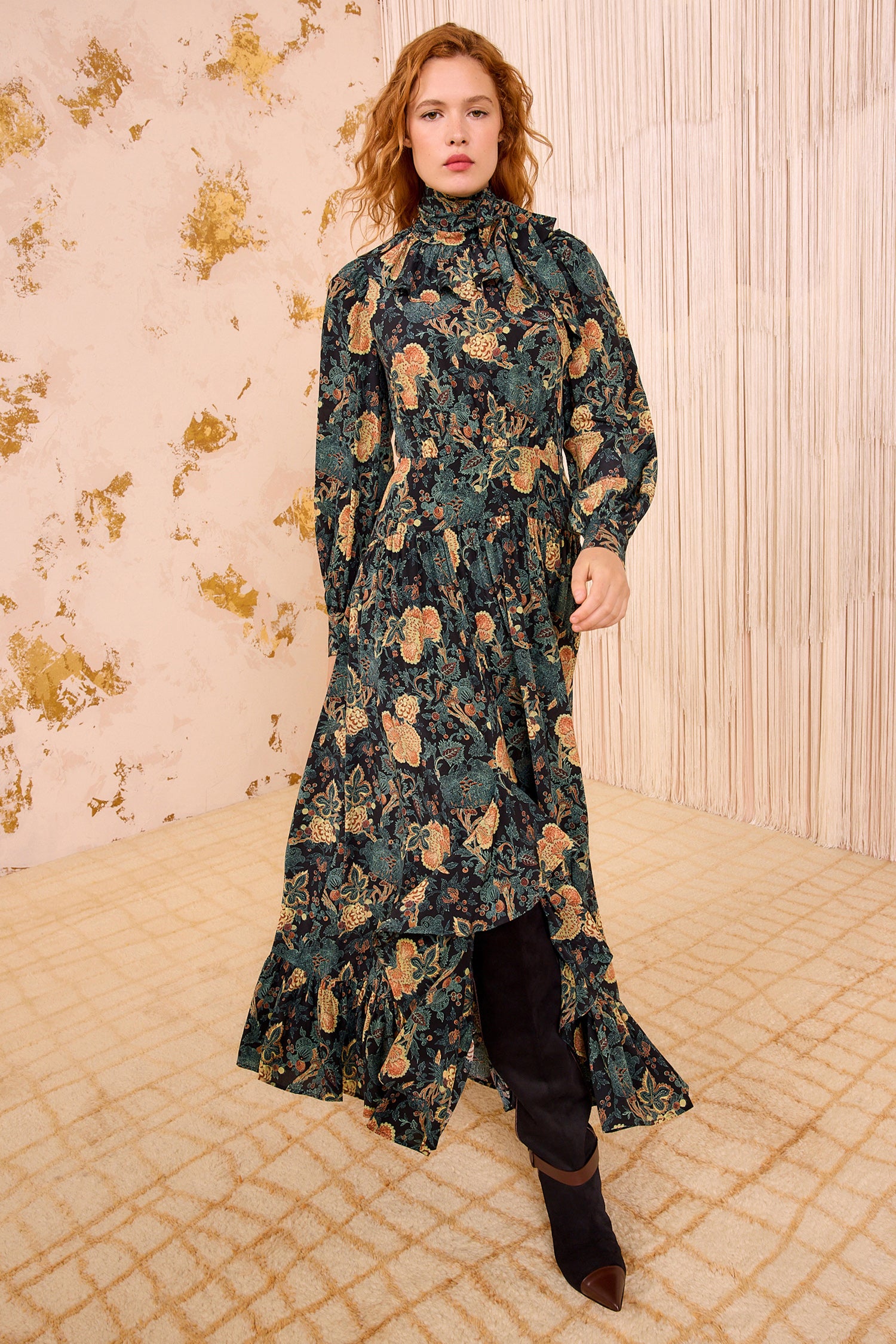 Circe Silk Long Sleeve Neck–Tie Dress - Nuit