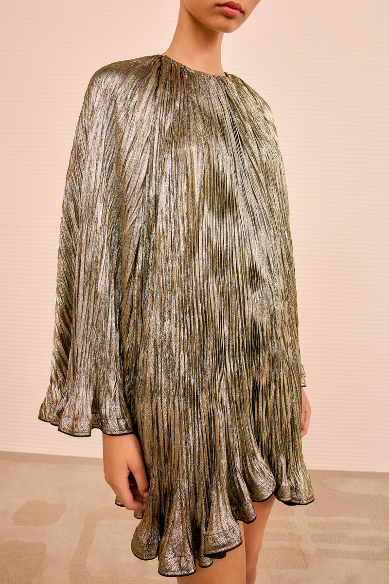 Ulla Johnson | Women's Claire Pleated Long Sleeve Mini in Gold Satin Bell Sleeve Dress Size 00 Ulla Johnson | Women's Claire Pleated Long Sleeve Mini in Gold Satin Bell Sleeve Dress Size 00
