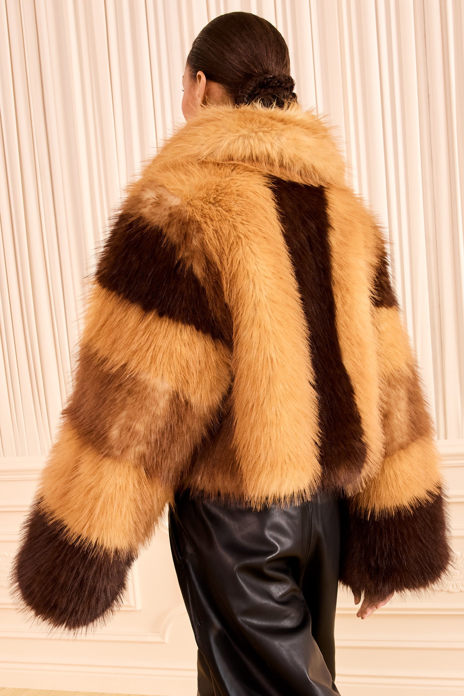 Ulla Johnson Sable Patchwork Faux Fur Coat, Back View, Draped Sleeves and Wide Collar | Ulla Johnson