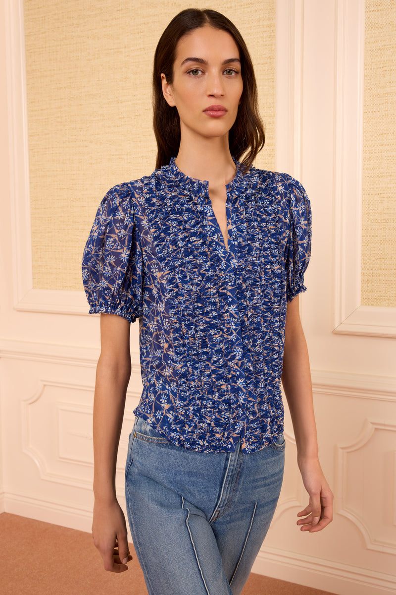Adira Blouse - Dusk Short Sleeve Silk Blouse with Ruffles - Ulla