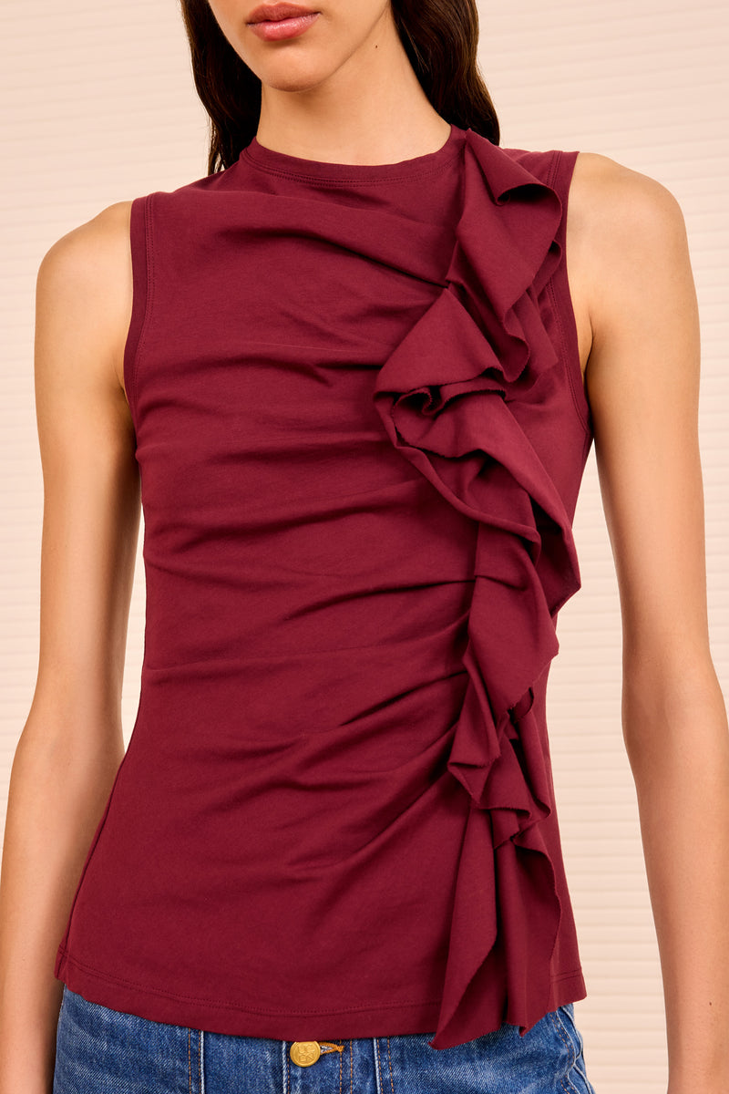 Clio Ruched Ruffle Top - Claret Red Sleeveless Organic Cotton Top