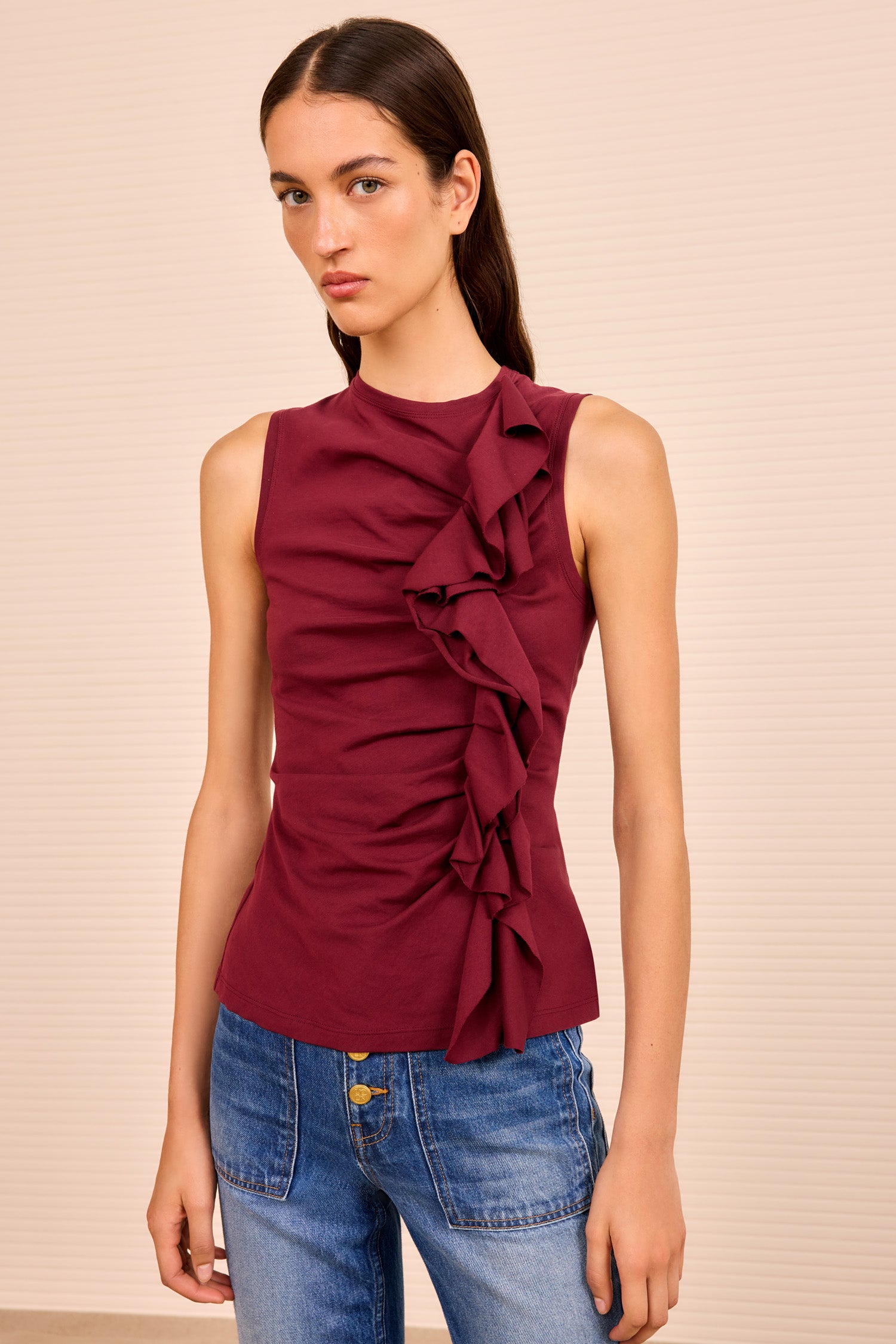 Ulla Johnson Clio Ruched Ruffle Top - Claret