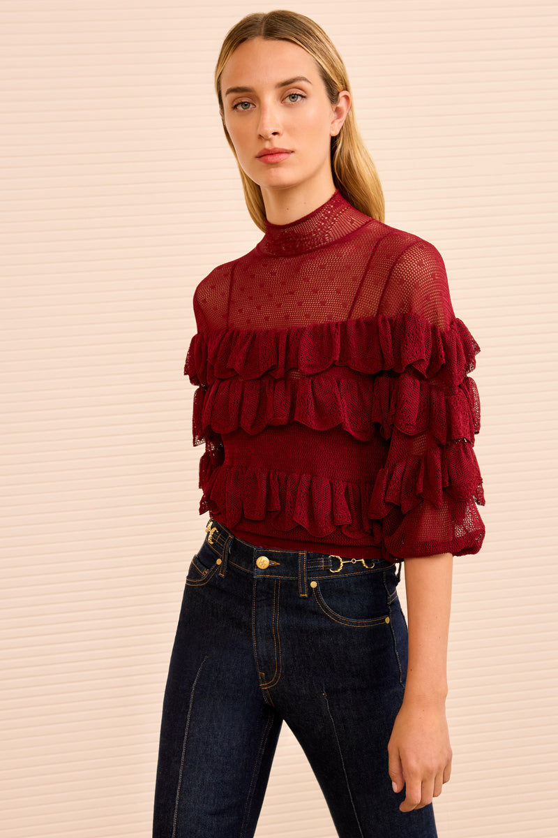 Corinna Mock Neck Tiered Ruffle Top - Claret - Ulla Johnson
