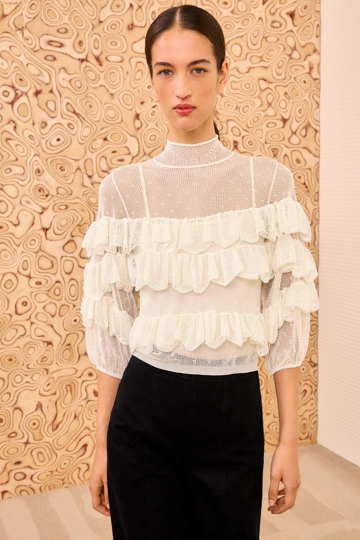 Corinna Mock Neck Tiered Ruffle Top - Cowrie