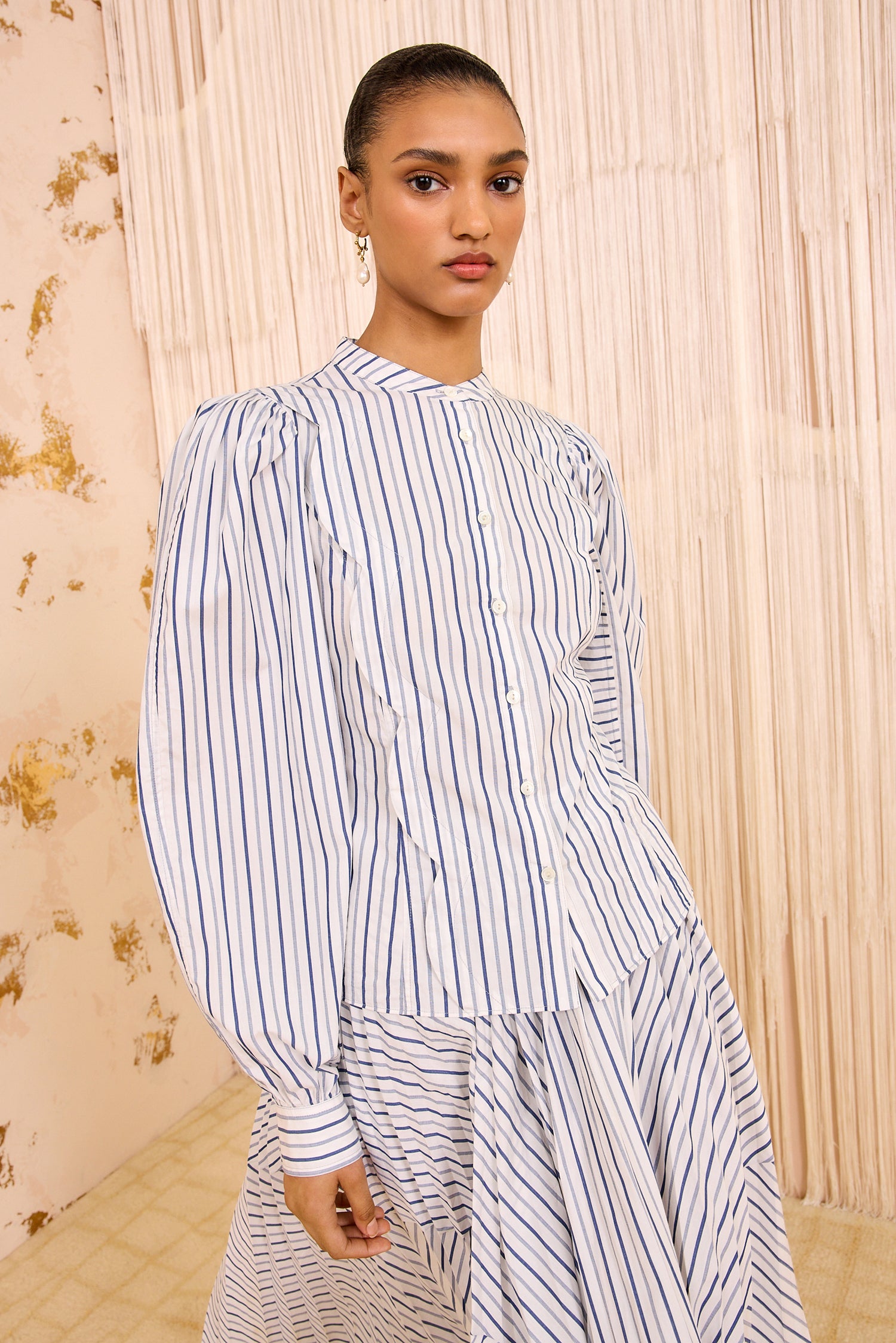 Cybil Long Sleeve Button Front Blouse - Chalk Stripe