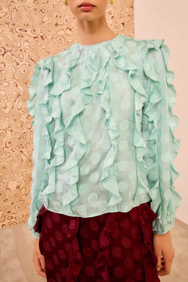 Della Cascading Ruffle Blouse - Beryl Blue Silk Chiffon Long