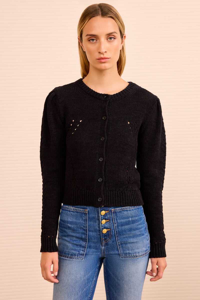 Delphina Long Sleeve Cardigan - Noir Black Cotton Button Up