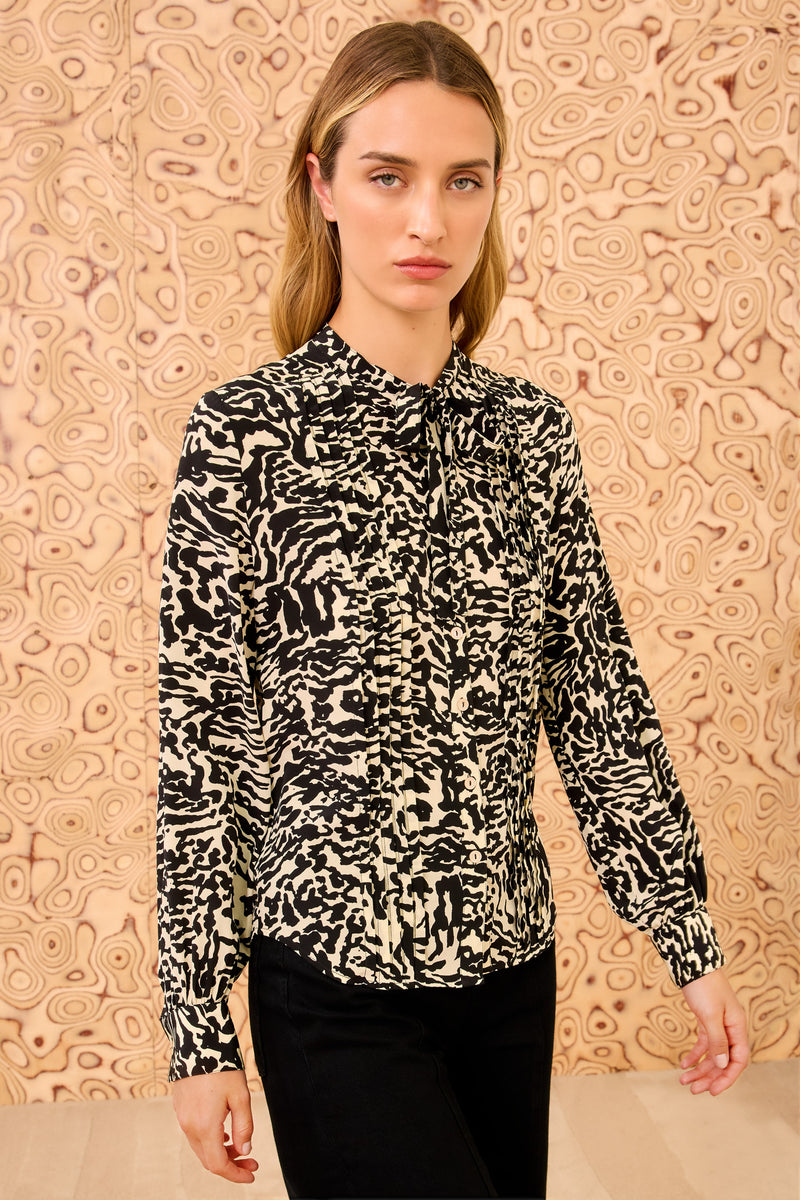 Delvine Blouse - Spotted Jasper Animal Print Silk Long Sleeve