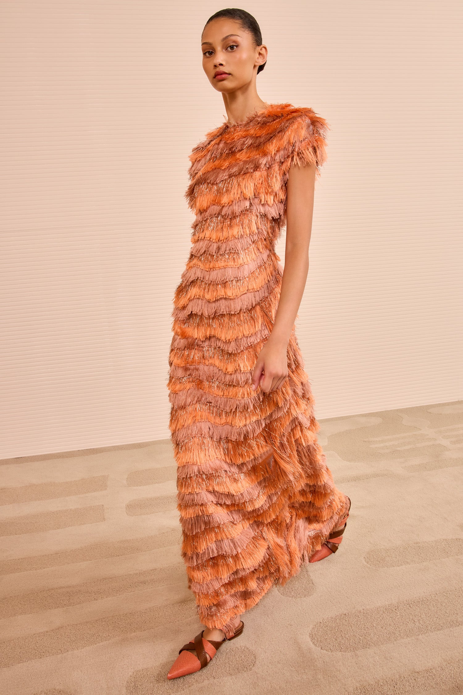 Elowyn Fringe Midi Dress - Coral