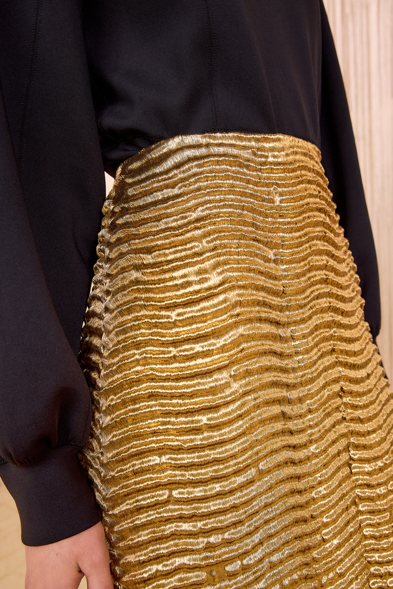 Emira Metallic High Waist Pencil Skirt Oro Gold Wave Textured