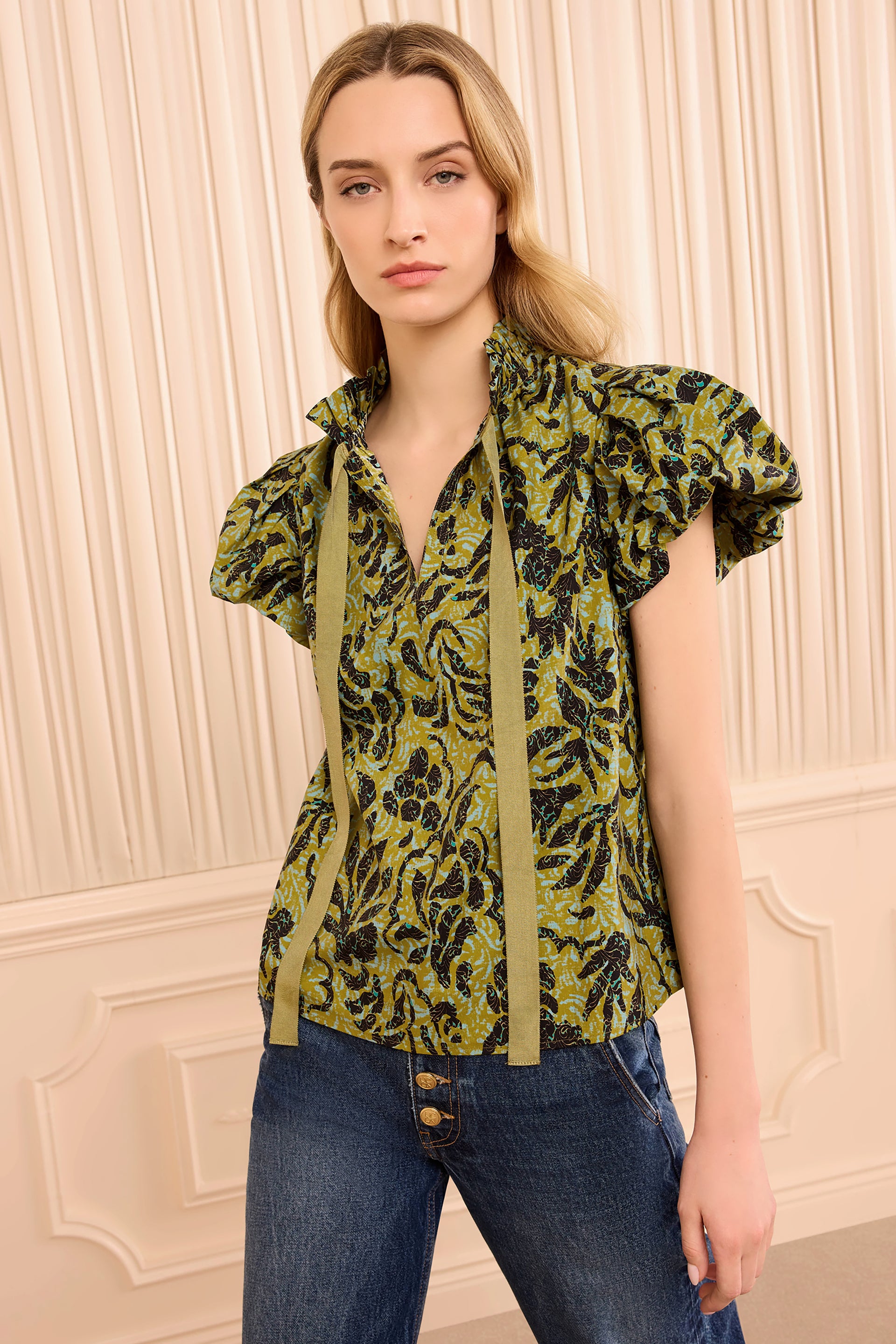 Estela Short Sleeve Cotton Top - Chartreuse