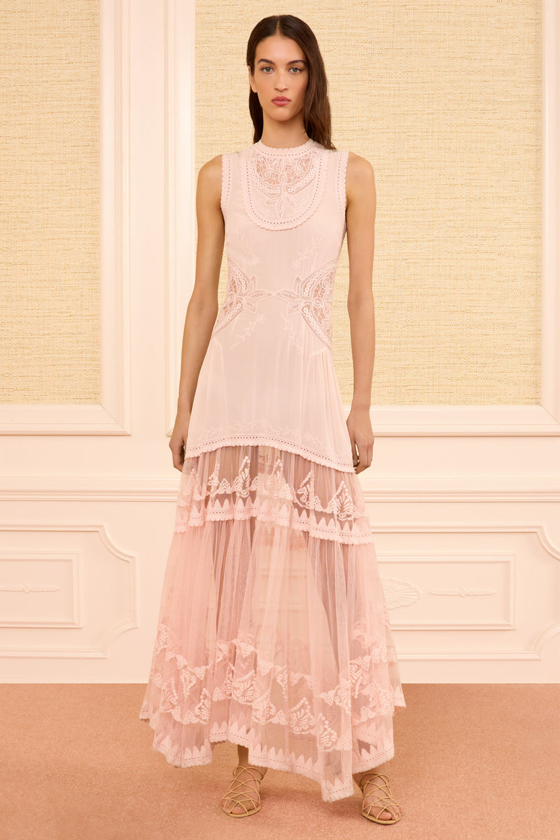 silk georgette dress White Embroidered Cutout Portrait dress arrives in a rosy pink Chlo Long Sleeve Silk Georgette