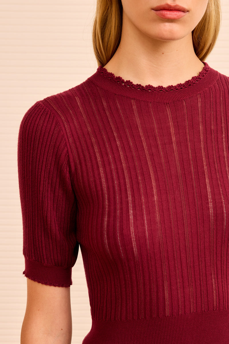 Gemma Short Sleeve Knit Top - Claret Red Cropped Crewneck Knit Top